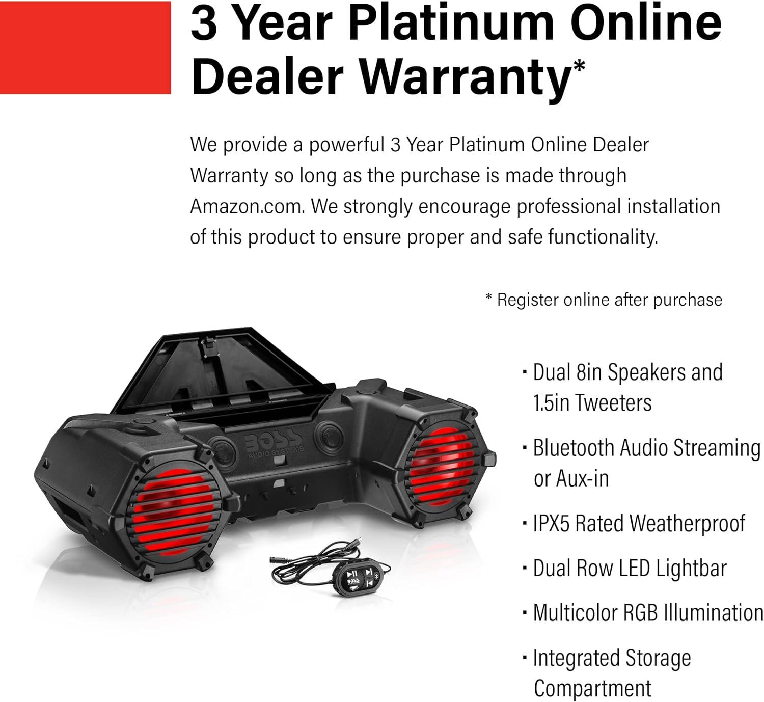 imageBOSS Audio Systems ATVB95LED ATV UTV Sound System  8 Inch Full Range Stereo Speakers 15 Inch Tweeters IPX5 Weatherproof Builtin Amplifier Bluetooth Remote Light Bar Storage Compartment8 Speakers  RGB  LED Lightbar