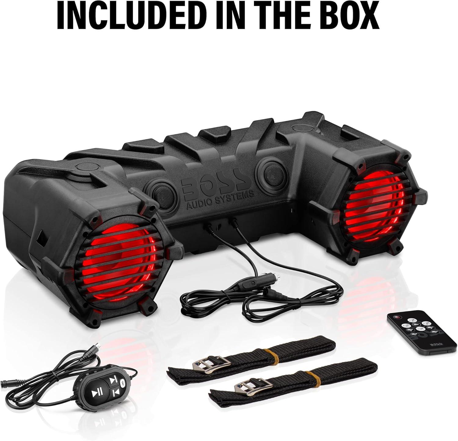imageBOSS Audio Systems ATVB95LED ATV UTV Sound System  8 Inch Full Range Stereo Speakers 15 Inch Tweeters IPX5 Weatherproof Builtin Amplifier Bluetooth Remote Light Bar Storage Compartment8 Speakers  RGB  LED Lightbar