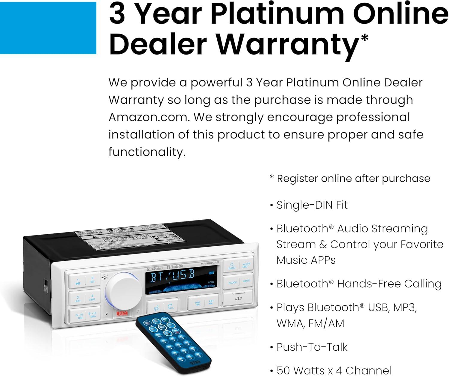 imageBOSS Audio Systems MR500UAB Marine Radio Receiver  Bluetooth Audio Streaming and HandsFree Calling USB Port Weatherproof Digital Media MP3 Player No CD Player AMFM Radio ReceiverMR500UAB Receiver