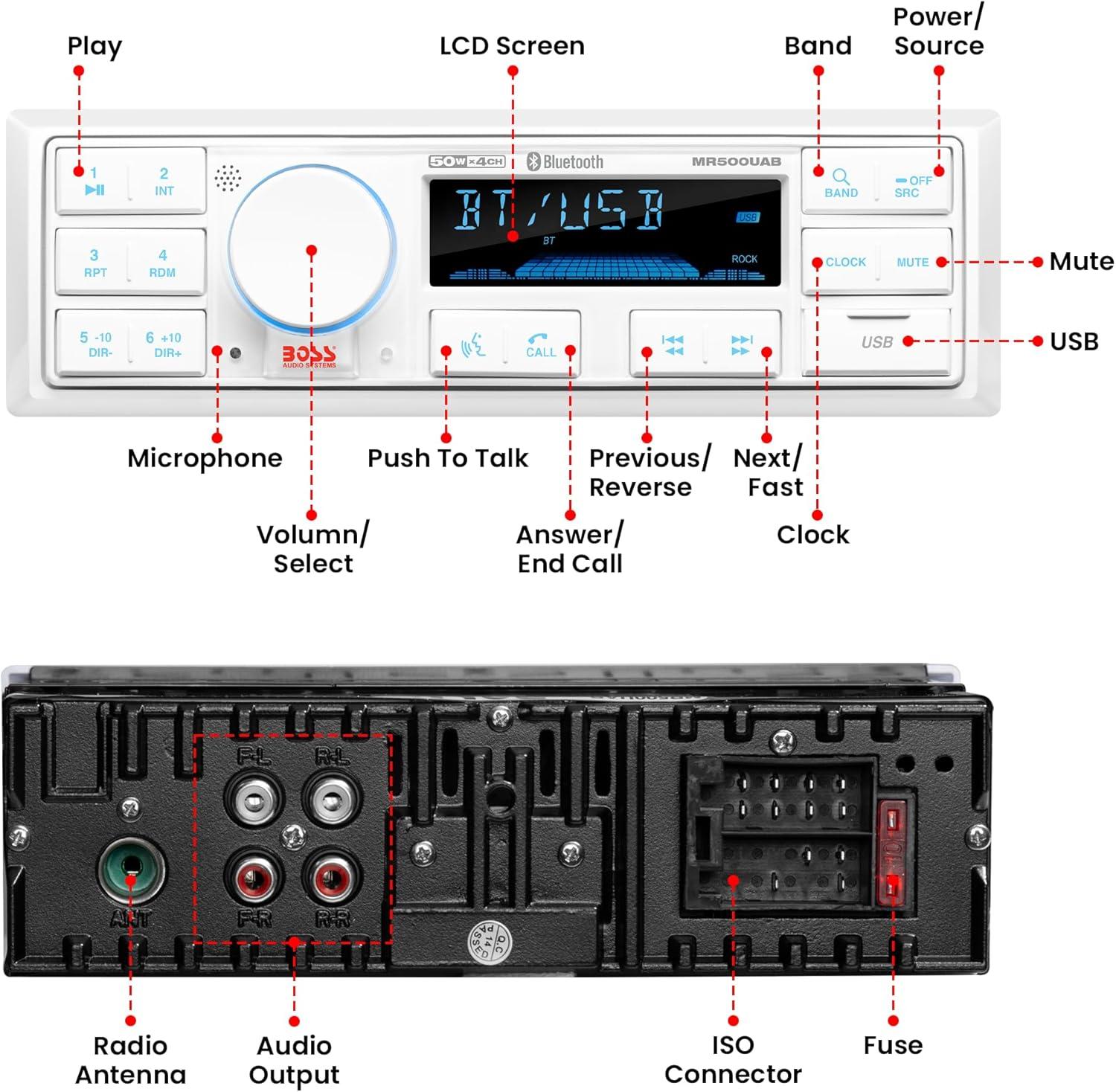 imageBOSS Audio Systems MR500UAB Marine Radio Receiver  Bluetooth Audio Streaming and HandsFree Calling USB Port Weatherproof Digital Media MP3 Player No CD Player AMFM Radio ReceiverMR500UAB Receiver