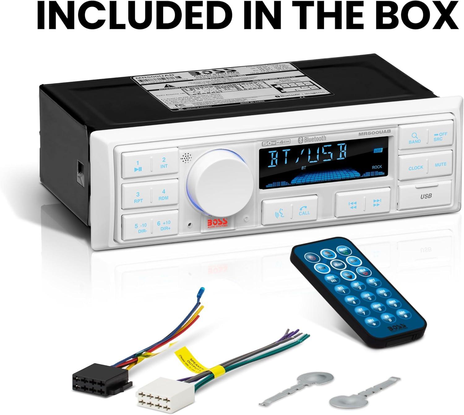 imageBOSS Audio Systems MR500UAB Marine Radio Receiver  Bluetooth Audio Streaming and HandsFree Calling USB Port Weatherproof Digital Media MP3 Player No CD Player AMFM Radio ReceiverMR500UAB Receiver