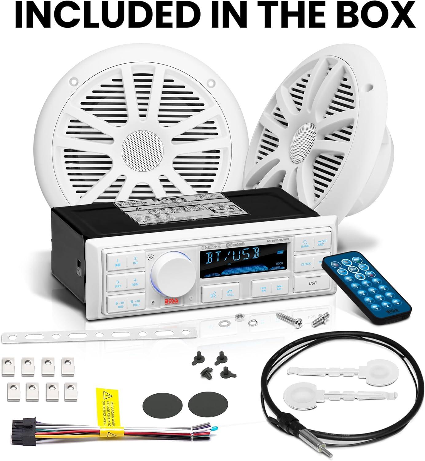 imageBOSS Audio Systems MR500UAB Marine Radio Receiver  Bluetooth Audio Streaming and HandsFree Calling USB Port Weatherproof Digital Media MP3 Player No CD Player AMFM Radio ReceiverMR500UAB  2 White Speakers
