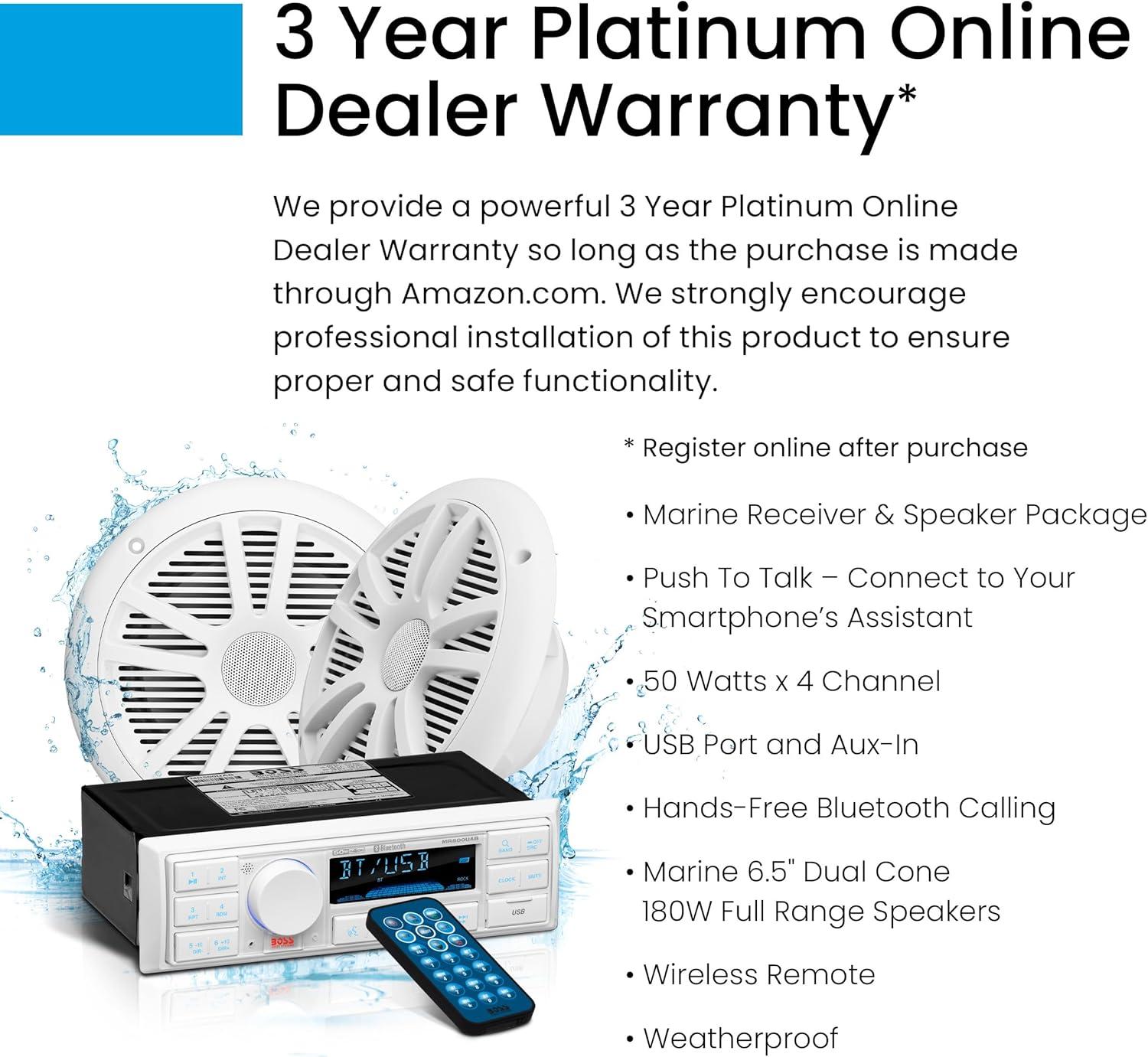 imageBOSS Audio Systems MR500UAB Marine Radio Receiver  Bluetooth Audio Streaming and HandsFree Calling USB Port Weatherproof Digital Media MP3 Player No CD Player AMFM Radio ReceiverMR500UAB  2 White Speakers