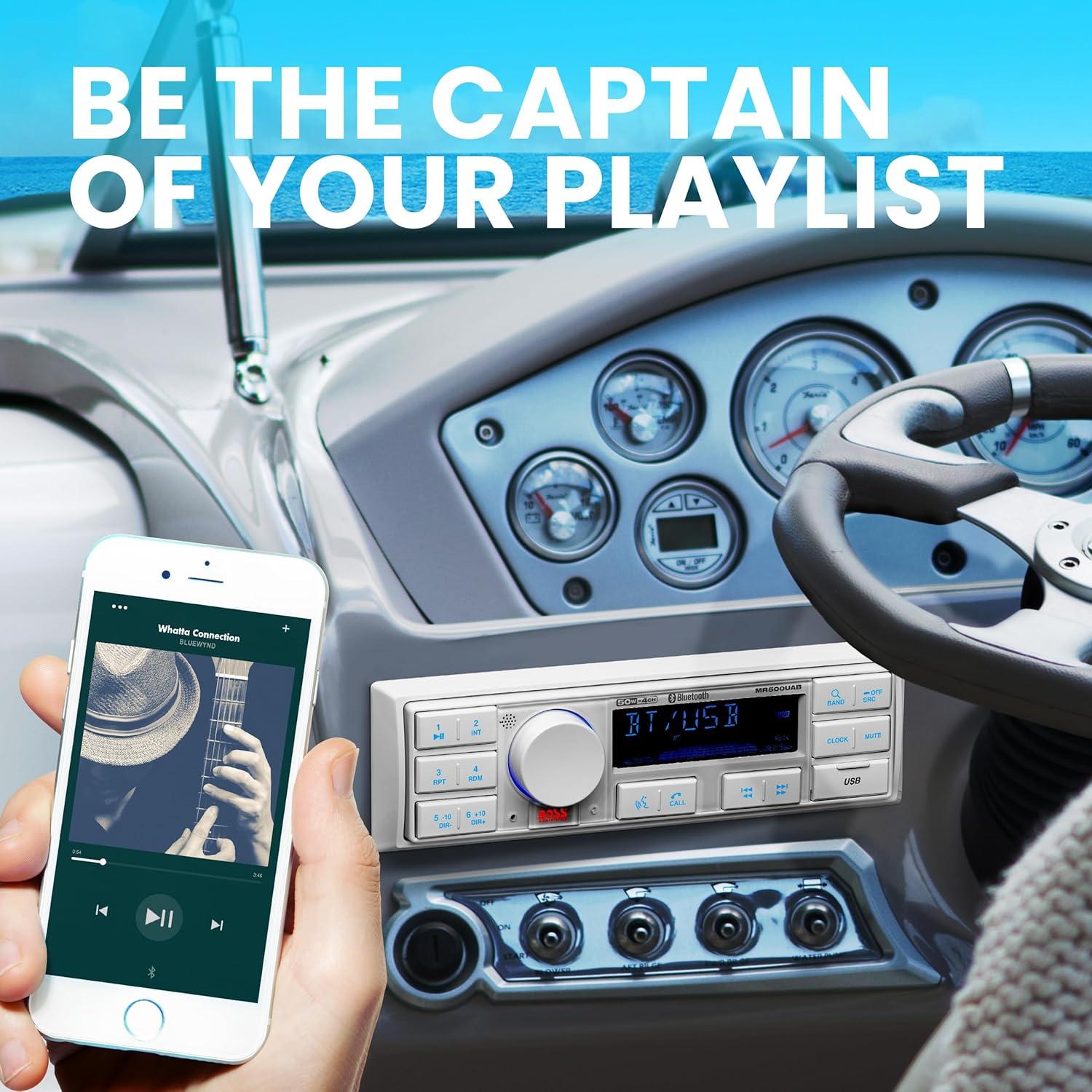 imageBOSS Audio Systems MR500UAB Marine Radio Receiver  Bluetooth Audio Streaming and HandsFree Calling USB Port Weatherproof Digital Media MP3 Player No CD Player AMFM Radio ReceiverMR500UAB  2 White Speakers