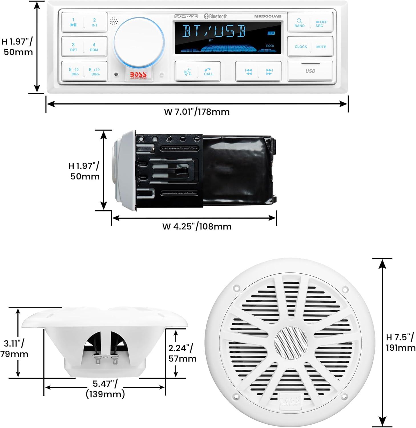 imageBOSS Audio Systems MR500UAB Marine Radio Receiver  Bluetooth Audio Streaming and HandsFree Calling USB Port Weatherproof Digital Media MP3 Player No CD Player AMFM Radio ReceiverMR500UAB  2 White Speakers