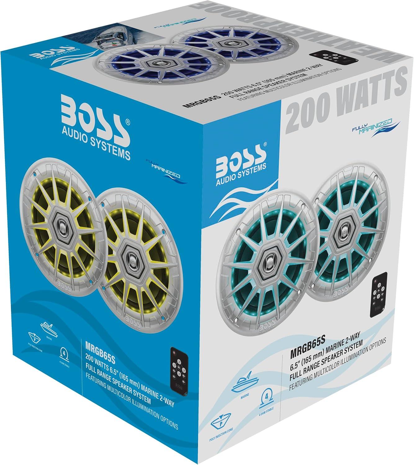 imageBOSS Audio Systems MRGB65S 65 Inch Marine Boat Stereo Speakers  200 Watts Max per pair Coaxial 2 Way Full Range 4 Ohms Weatherproof MultiColor Illumination Sold In PairsSilver