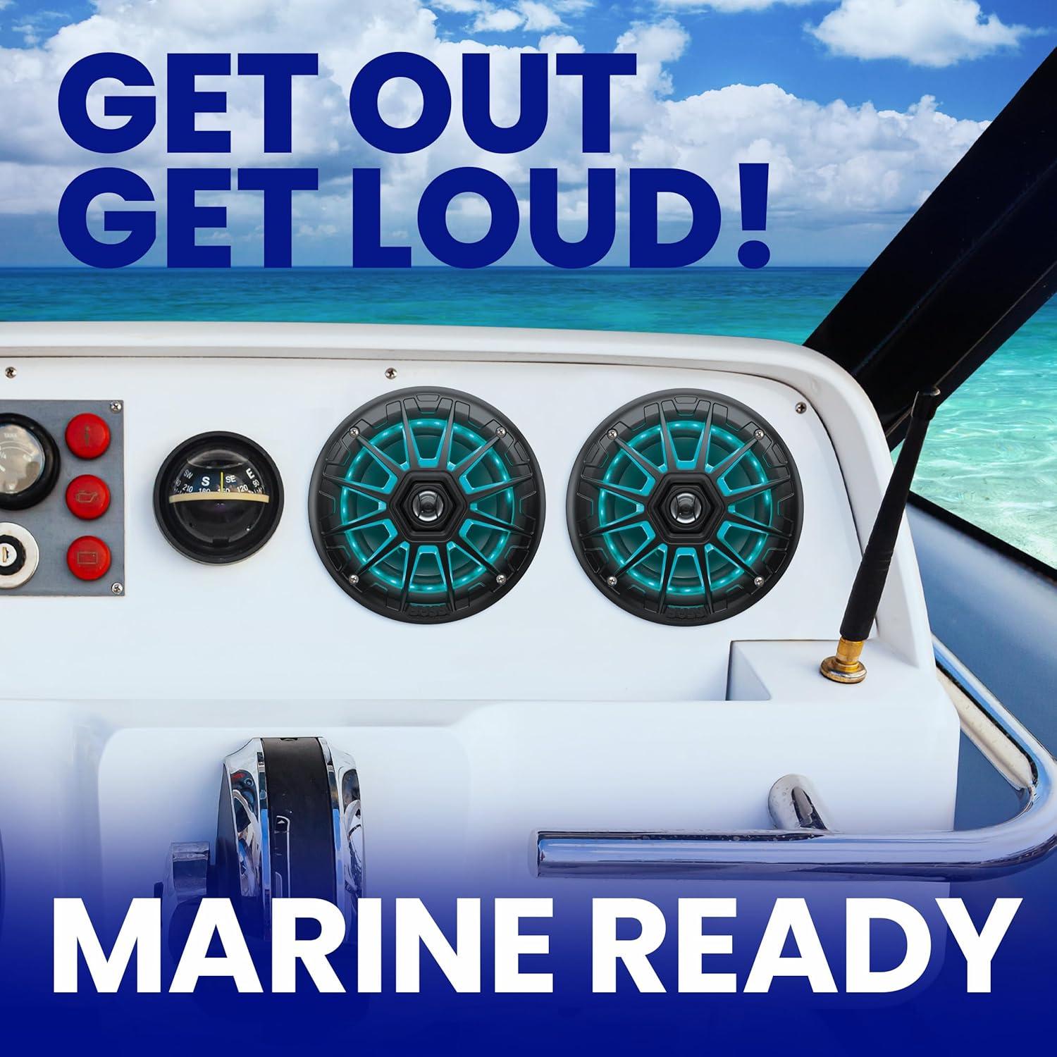 imageBOSS Audio Systems MRGB65S 65 Inch Marine Boat Stereo Speakers  200 Watts Max per pair Coaxial 2 Way Full Range 4 Ohms Weatherproof MultiColor Illumination Sold In PairsBlack
