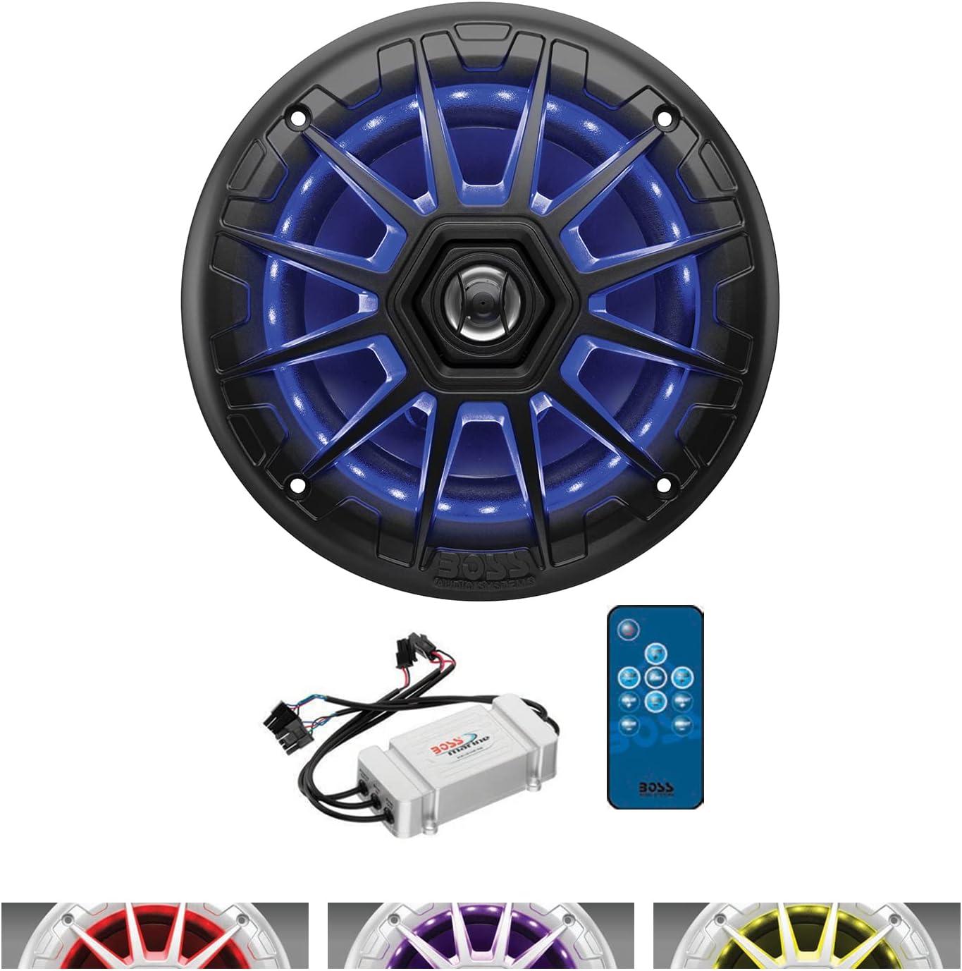 imageBOSS Audio Systems MRGB65S 65 Inch Marine Boat Stereo Speakers  200 Watts Max per pair Coaxial 2 Way Full Range 4 Ohms Weatherproof MultiColor Illumination Sold In PairsSilver