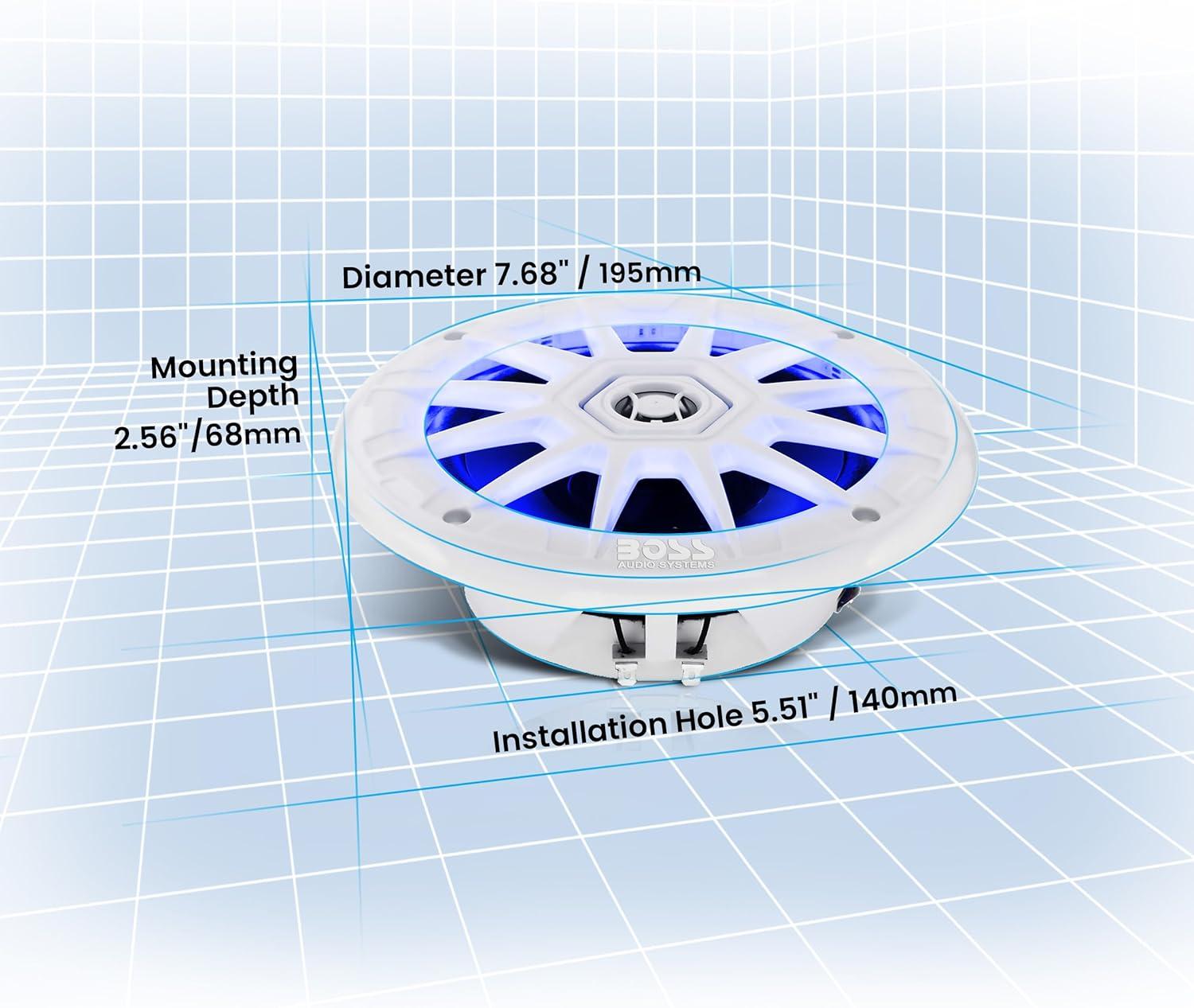 imageBOSS Audio Systems MRGB65S 65 Inch Marine Boat Stereo Speakers  200 Watts Max per pair Coaxial 2 Way Full Range 4 Ohms Weatherproof MultiColor Illumination Sold In PairsWhite