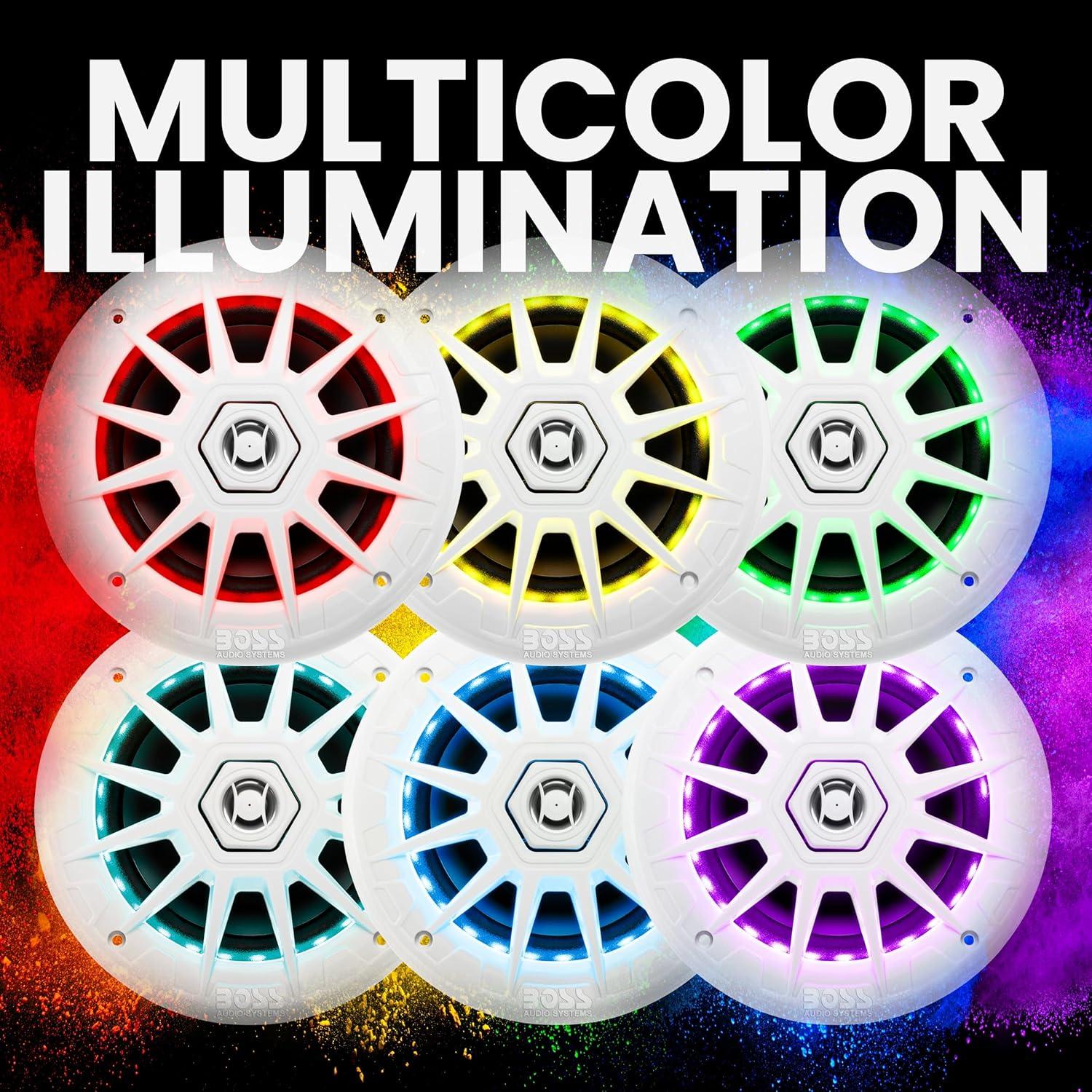 imageBOSS Audio Systems MRGB65S 65 Inch Marine Boat Stereo Speakers  200 Watts Max per pair Coaxial 2 Way Full Range 4 Ohms Weatherproof MultiColor Illumination Sold In PairsWhite