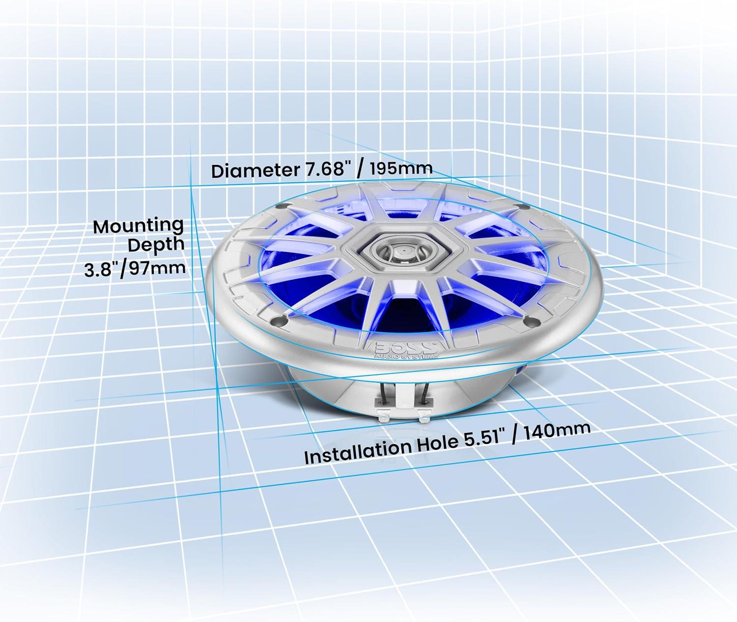 imageBOSS Audio Systems MRGB65S 65 Inch Marine Boat Stereo Speakers  200 Watts Max per pair Coaxial 2 Way Full Range 4 Ohms Weatherproof MultiColor Illumination Sold In PairsSilver