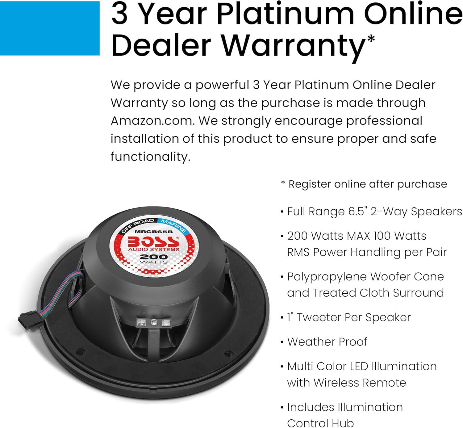 imageBOSS Audio Systems MRGB65S 65 Inch Marine Boat Stereo Speakers  200 Watts Max per pair Coaxial 2 Way Full Range 4 Ohms Weatherproof MultiColor Illumination Sold In PairsBlack