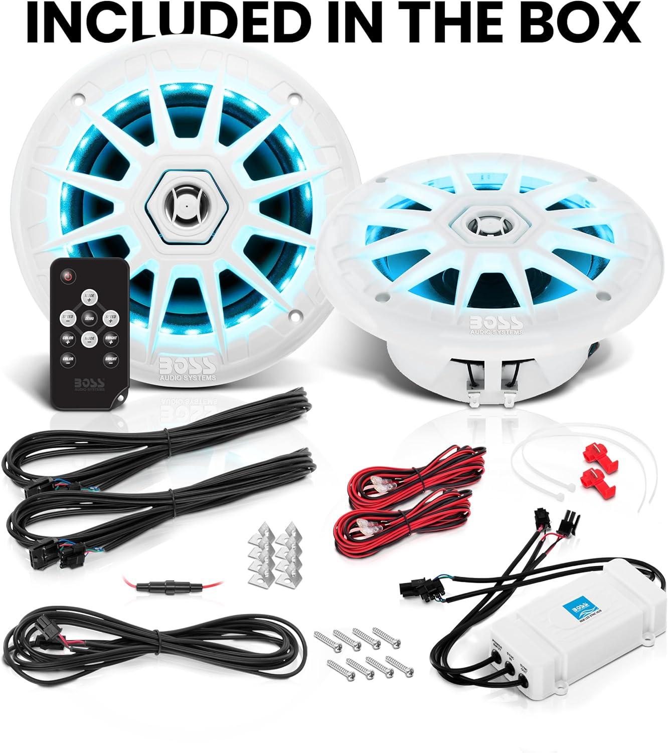 imageBOSS Audio Systems MRGB65S 65 Inch Marine Boat Stereo Speakers  200 Watts Max per pair Coaxial 2 Way Full Range 4 Ohms Weatherproof MultiColor Illumination Sold In PairsWhite