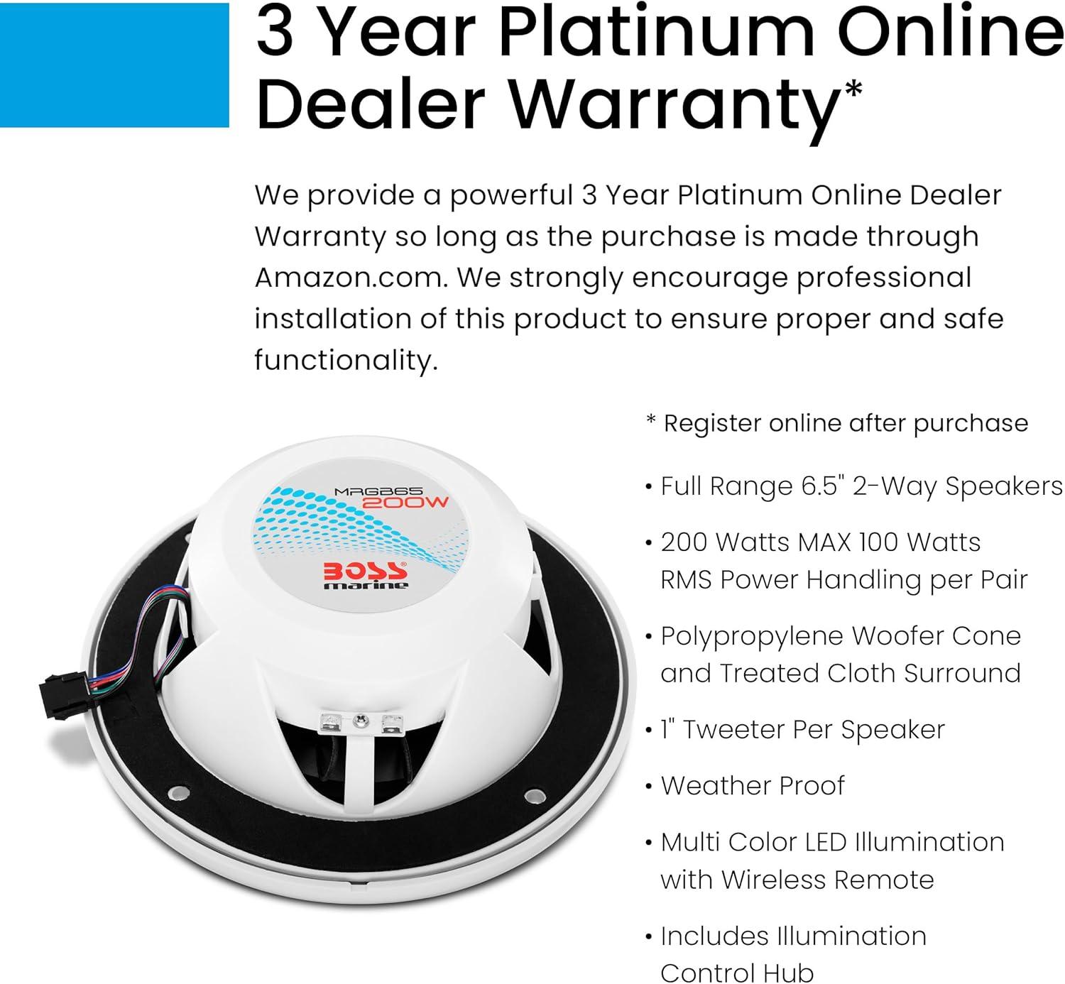 imageBOSS Audio Systems MRGB65S 65 Inch Marine Boat Stereo Speakers  200 Watts Max per pair Coaxial 2 Way Full Range 4 Ohms Weatherproof MultiColor Illumination Sold In PairsWhite