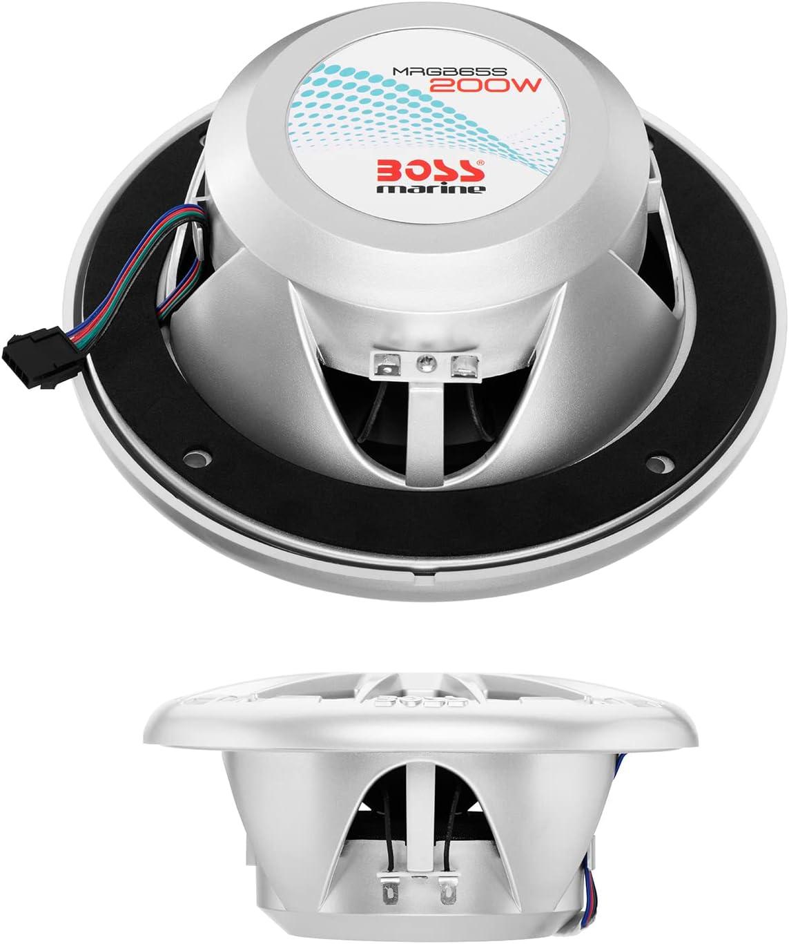 imageBOSS Audio Systems MRGB65S 65 Inch Marine Boat Stereo Speakers  200 Watts Max per pair Coaxial 2 Way Full Range 4 Ohms Weatherproof MultiColor Illumination Sold In PairsSilver