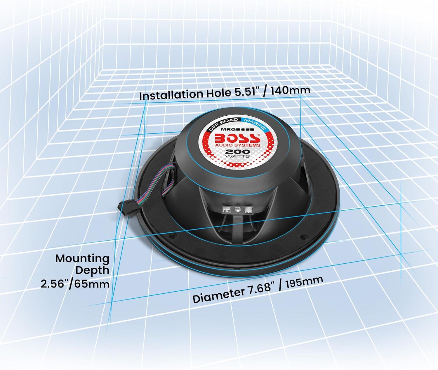 imageBOSS Audio Systems MRGB65S 65 Inch Marine Boat Stereo Speakers  200 Watts Max per pair Coaxial 2 Way Full Range 4 Ohms Weatherproof MultiColor Illumination Sold In PairsBlack