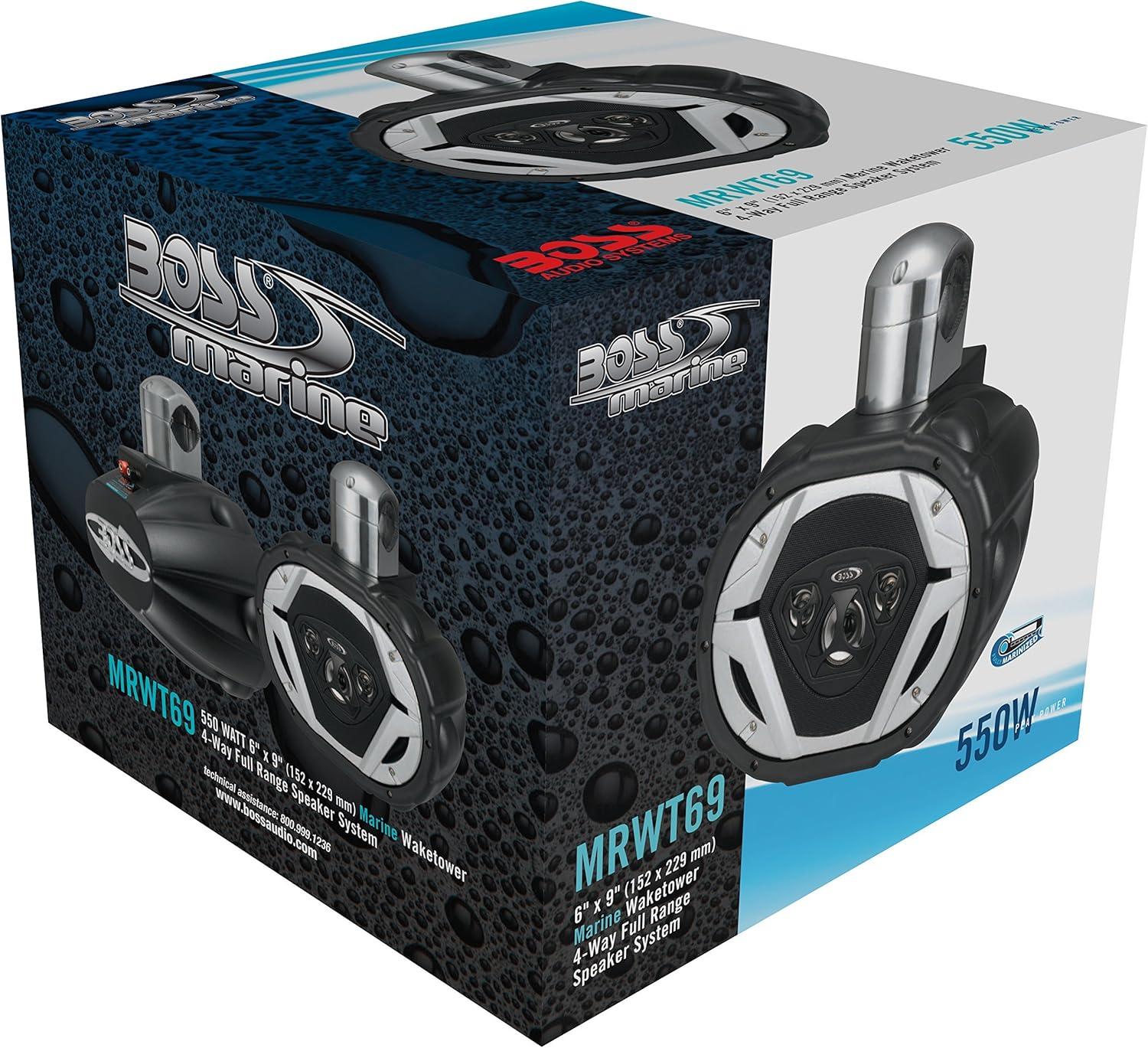 imageBOSS Audio Systems MRWT69RGB Marine Waketower Speaker System  600 Watts Of Power 6 x 9 Inch Full Range 2 Way MultiColor LED Illumination Marine grade Weatherproof Sold Individually6 x 9 Black Tower Speaker