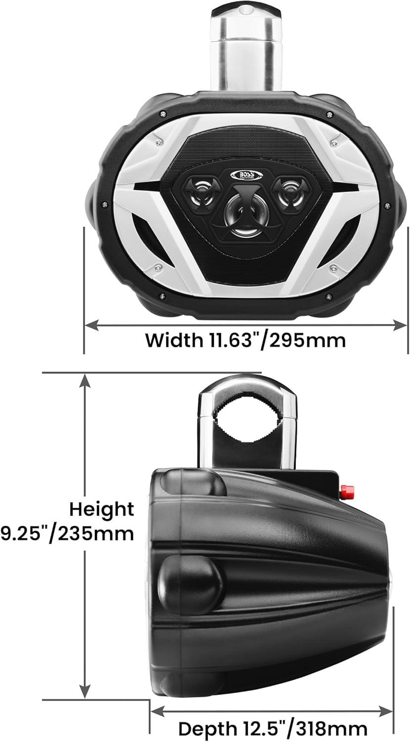 imageBOSS Audio Systems MRWT69RGB Marine Waketower Speaker System  600 Watts Of Power 6 x 9 Inch Full Range 2 Way MultiColor LED Illumination Marine grade Weatherproof Sold Individually6 x 9 Black Tower Speaker