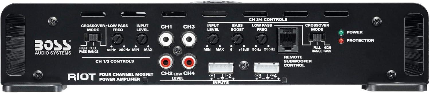 imageBOSS Audio Systems R1004 Riot Series 4 Channel Amplifier Car Audio  Class AB 400 High Output 28 Ohm Stable HighLow Level Inputs Full Range1000W 4 Channel