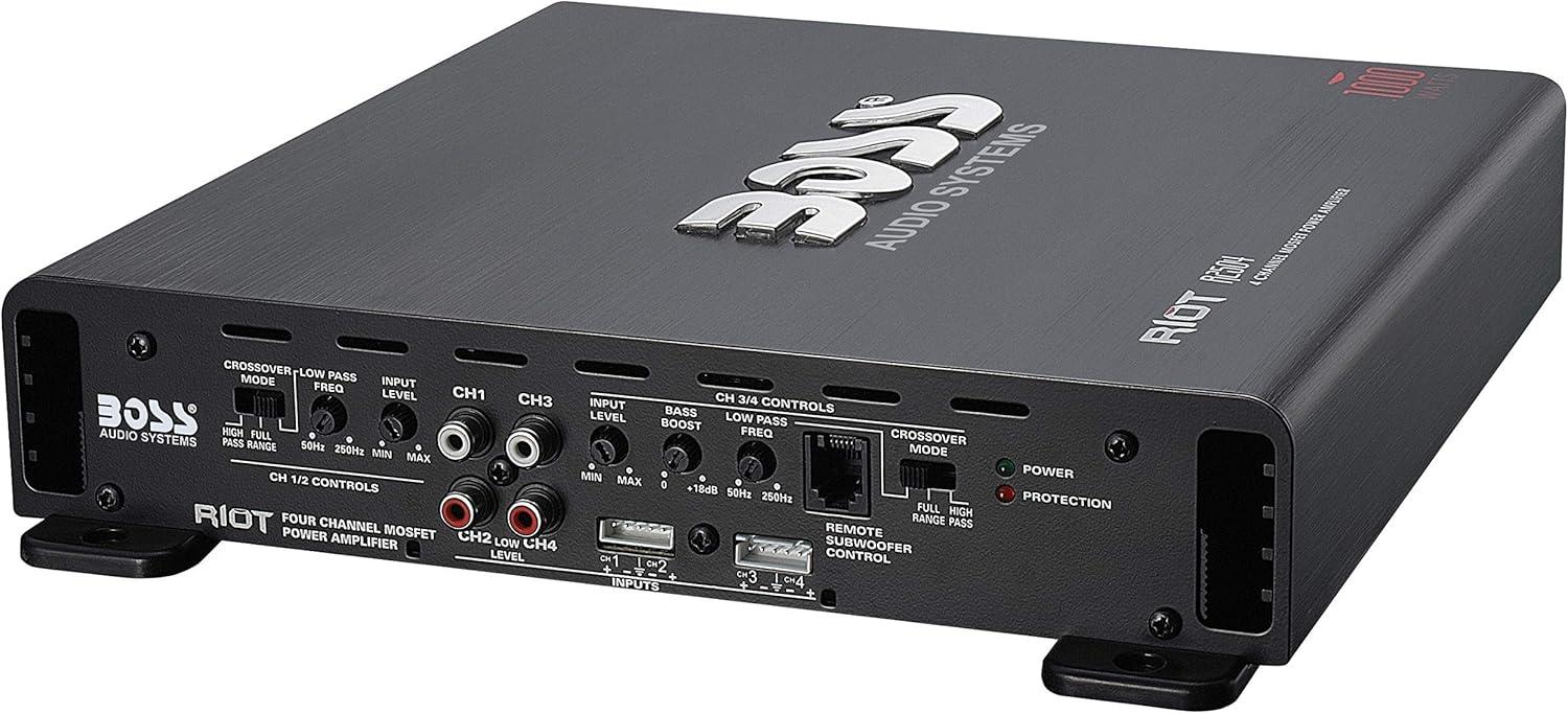 imageBOSS Audio Systems R1004 Riot Series 4 Channel Amplifier Car Audio  Class AB 400 High Output 28 Ohm Stable HighLow Level Inputs Full Range1000W 4 Channel