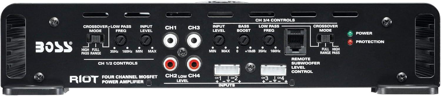 imageBOSS Audio Systems R1004 Riot Series 4 Channel Amplifier Car Audio  Class AB 400 High Output 28 Ohm Stable HighLow Level Inputs Full Range1200W 4 Channel