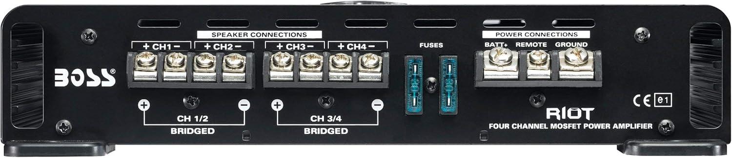 imageBOSS Audio Systems R1004 Riot Series 4 Channel Amplifier Car Audio  Class AB 400 High Output 28 Ohm Stable HighLow Level Inputs Full Range1200W 4 Channel