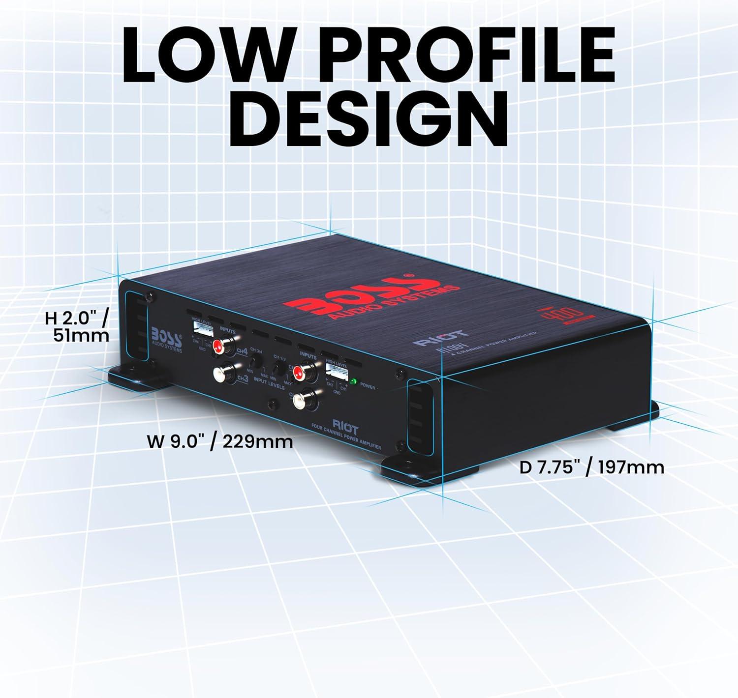 imageBOSS Audio Systems R1004 Riot Series 4 Channel Amplifier Car Audio  Class AB 400 High Output 28 Ohm Stable HighLow Level Inputs Full Range400W 4 Channel