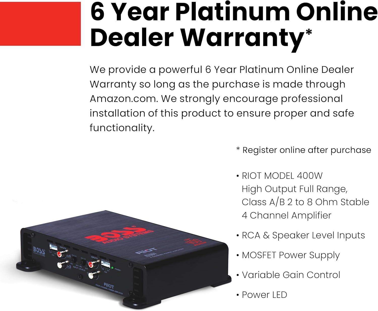 imageBOSS Audio Systems R1004 Riot Series 4 Channel Amplifier Car Audio  Class AB 400 High Output 28 Ohm Stable HighLow Level Inputs Full Range400W 4 Channel
