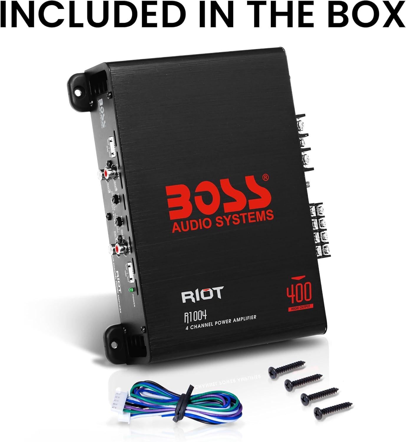 imageBOSS Audio Systems R1004 Riot Series 4 Channel Amplifier Car Audio  Class AB 400 High Output 28 Ohm Stable HighLow Level Inputs Full Range400W 4 Channel