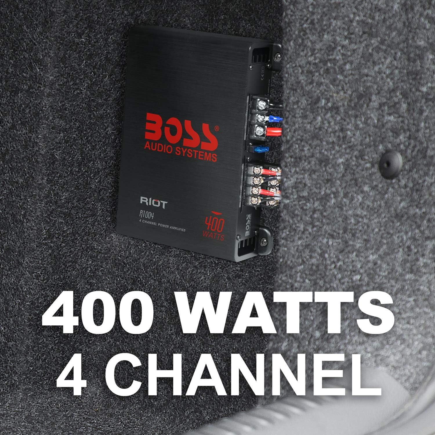 imageBOSS Audio Systems R1004 Riot Series 4 Channel Amplifier Car Audio  Class AB 400 High Output 28 Ohm Stable HighLow Level Inputs Full Range400W 4 Channel