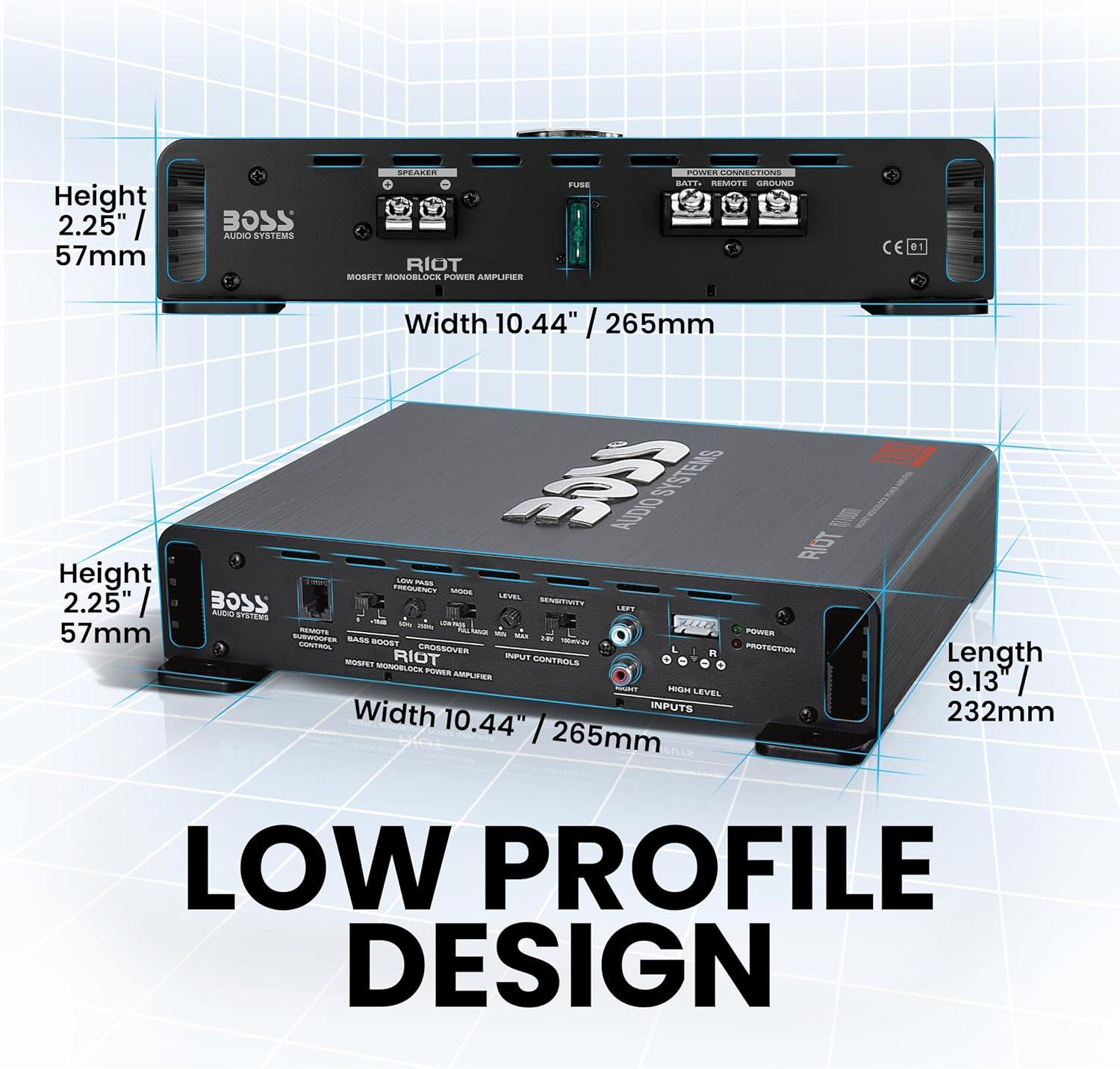 imageBOSS Audio Systems R1100M Monoblock Car Amplifier  1100 High Output 28 Ohm Stable LowHigh Level Inputs Low Pass Crossover MOSFET Power SupplyBlack