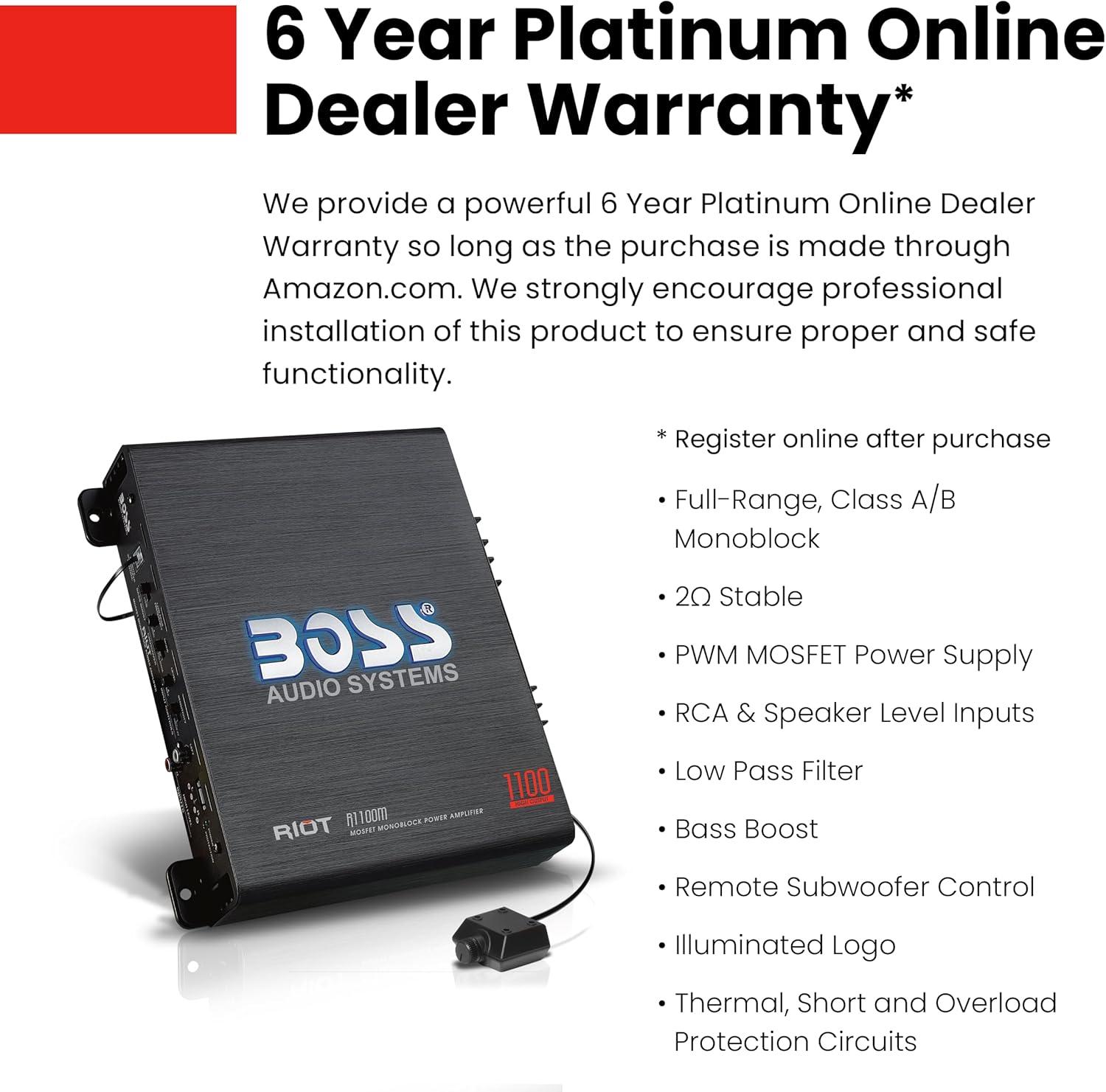 imageBOSS Audio Systems R1100M Monoblock Car Amplifier  1100 High Output 28 Ohm Stable LowHigh Level Inputs Low Pass Crossover MOSFET Power SupplyBlack