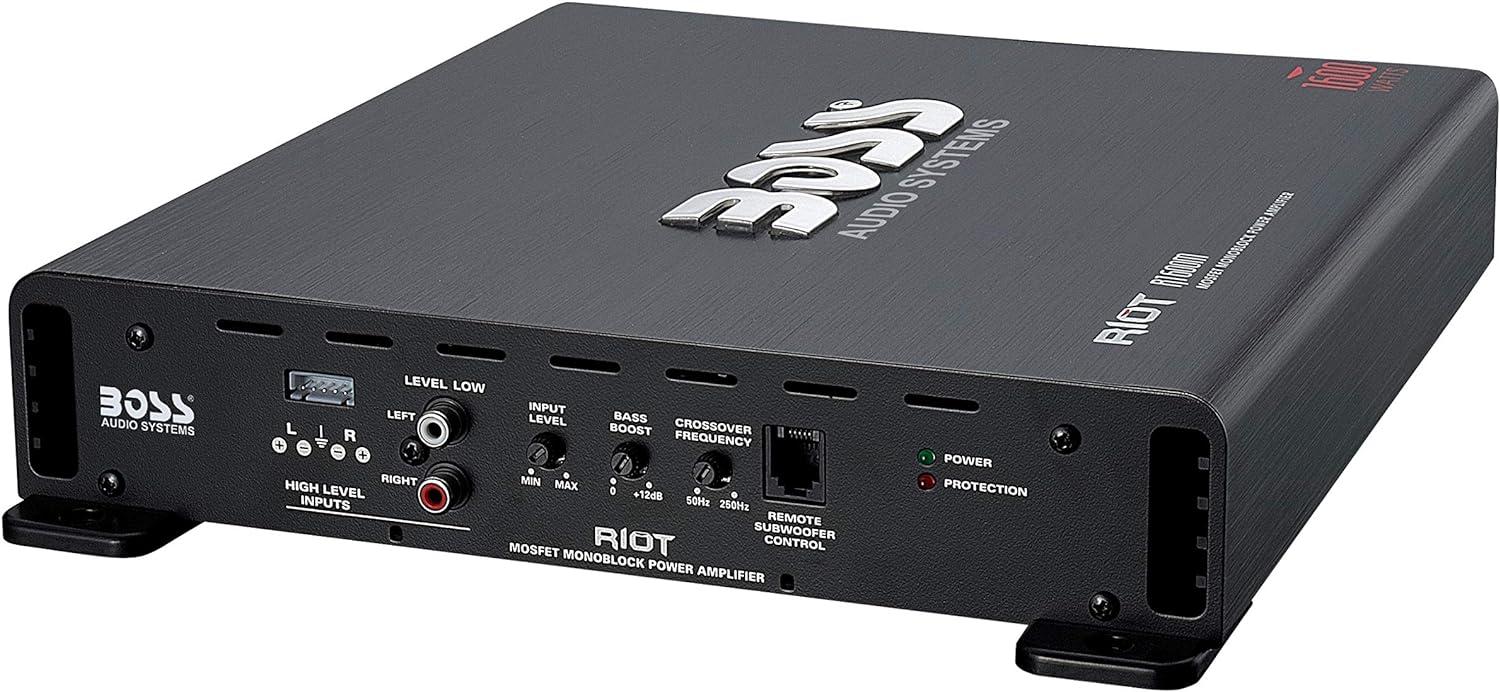 imageBOSS Audio Systems R1600M Monoblock Car Amplifier  1600 W High Output LowHigh Level Inputs Low Pass Crossover Hook Up to Subwoofer for Bass1600W Monoblock