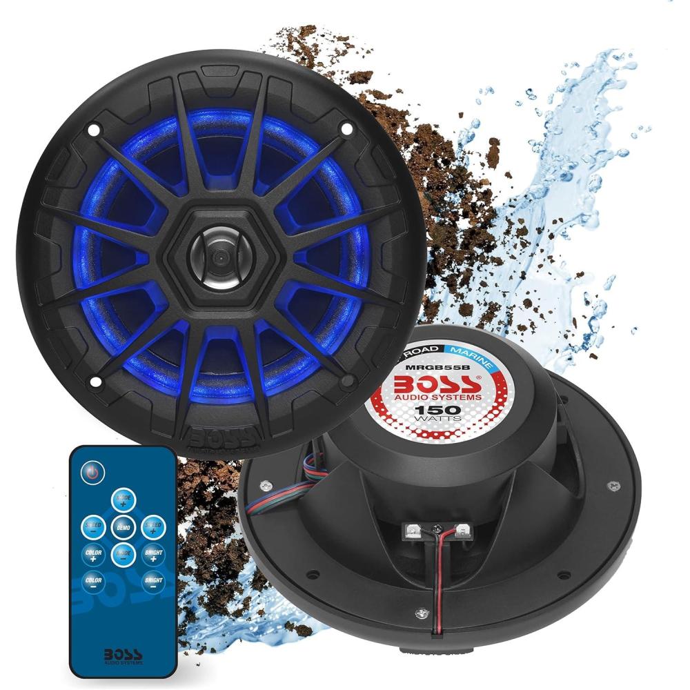 imageBOSS Audio Systems MRGB55W 525 Inch Marine Speakers  Weatherproof 150 Watts Per Pair 75 Watts Each MultiColor Illumination Full Range 2 Way Sold in Pairs525 Black 150W MRGB55B