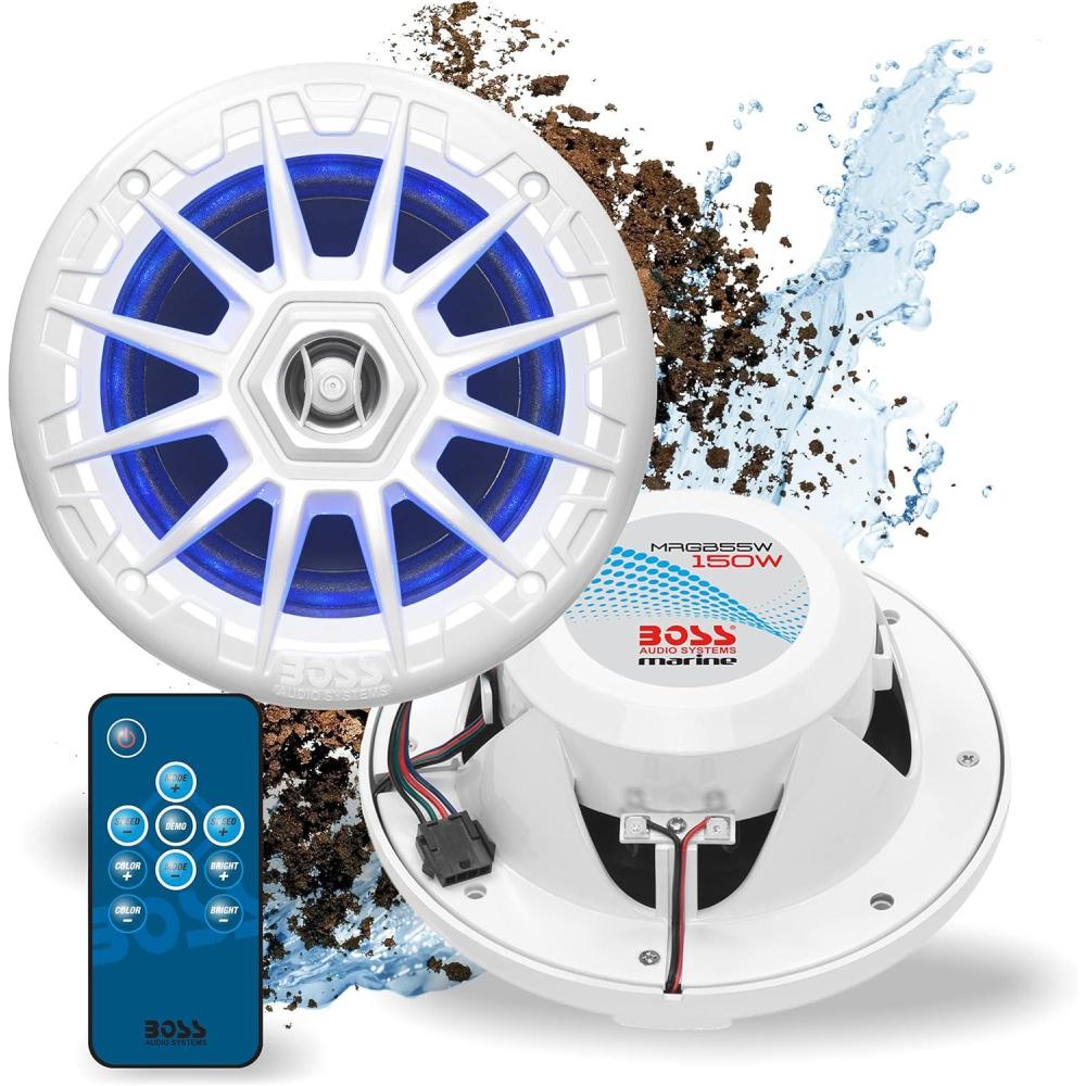imageBOSS Audio Systems MRGB55W 525 Inch Marine Speakers  Weatherproof 150 Watts Per Pair 75 Watts Each MultiColor Illumination Full Range 2 Way Sold in Pairs525 White 150W MRGB55W