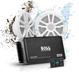 imageBOSS Audio Systems ASK902B6 Marine Boat 65 inch Speakers and 4 Channel Amplifier Package  500 High Output Bluetooth Remote Waterproof PouchAmp System  2 Speaker Package
