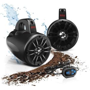 imageBOSS Audio Systems B62ABT ATV UTV Marine Weatherproof Waketower System  Amplified 65 Inch Stereo Speakers Full Range 2 Way Tweeters Bluetooth IPX5 Rated Sold in Pairs for Boat Wake Tower4 Speakers Black 500W