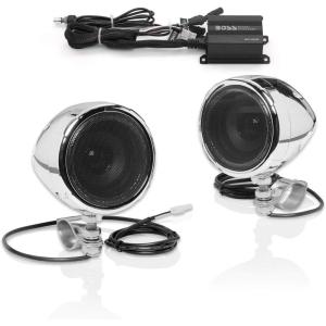 imageBOSS Audio Systems MC420B 3 Inch Motorcycle Speakers and Amplifier Audio Sound System  Class D Compact Amplifier Weatherproof Volume Control ATV UTV Compatible For Stereo Tweeters2 3 Chrome Speakers  Class D Amp