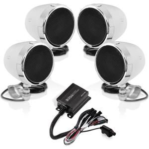 imageBOSS Audio Systems MC470B 3 Inch Motorcycle Full Range Speakers and Amplifier Sound System  Bluetooth 2 Channel Amplifier Weatherproof Volume Control ATV UTV Compatible4 3 Chrome Speakers  Class D Amp