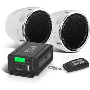 imageBOSS Audio Systems MCBK520B Motorcycle 3 Inch Stereo Speakers and Amplifier Audio Sound System  Bluetooth 2 Channel Amplifier Weatherproof FM Tuner USB SD Auxiliary In ATV UTV Compatible2 3 Chrome Speakers  Class AB Amp