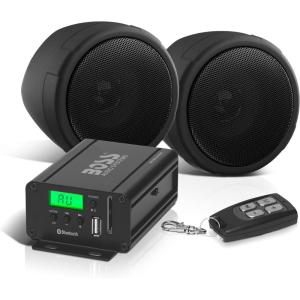 imageBOSS Audio Systems MCBK520B Motorcycle 3 Inch Stereo Speakers and Amplifier Audio Sound System  Bluetooth 2 Channel Amplifier Weatherproof FM Tuner USB SD Auxiliary In ATV UTV Compatible2 3 Black Speakers  Class AB Amp