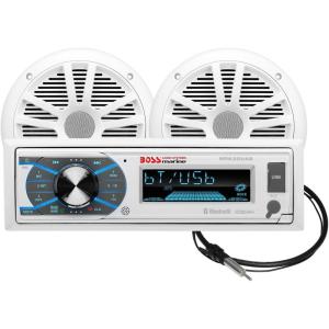 imageBOSS Audio Systems MCK632WB6 Bluetooth Car Stereo Receiver with USB Port 90W Dual Cone Speakers Color Illumination Weatherproofing Media Playback and Detachable Front PanelReceiver  2 White Speakers