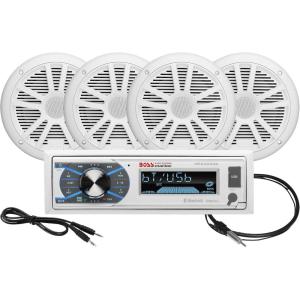 imageBOSS Audio Systems MCK632WB6 Bluetooth Car Stereo Receiver with USB Port 90W Dual Cone Speakers Color Illumination Weatherproofing Media Playback and Detachable Front PanelReceiver  4 White Speakers