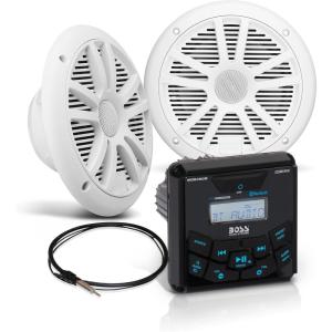 imageBOSS Audio Systems MGR350B Marine Boat Stereo Gauge Receiver  Bluetooth Head Unit No CD DVD Player Builtin 4 Channel Amplifier Weatherproof USB USB ChargingMGR450B  2 White Speakers