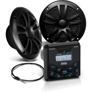 imageBOSS Audio Systems MGR350B Marine Boat Stereo Gauge Receiver  Bluetooth Head Unit No CD DVD Player Builtin 4 Channel Amplifier Weatherproof USB USB ChargingMGR450B  2 Black Speakers