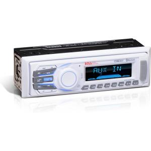 imageBOSS Audio Systems MR1308UABK Marine Boat Stereo  Single Din Bluetooth No CD DVD Player AMFM Radio Receiver Auxin USBWhite Receiver Mechless