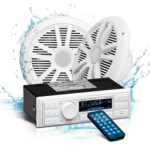imageBOSS Audio Systems MR500UAB Marine Radio Receiver  Bluetooth Audio Streaming and HandsFree Calling USB Port Weatherproof Digital Media MP3 Player No CD Player AMFM Radio ReceiverMR500UAB  2 White Speakers