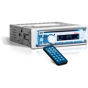 imageBOSS Audio Systems MR762BRGB Marine Boat Stereo  Single Din Bluetooth CD DVD Player AM FM Radio Receiver Weatherproof Multicolor IlluminationWhite Receiver w CD