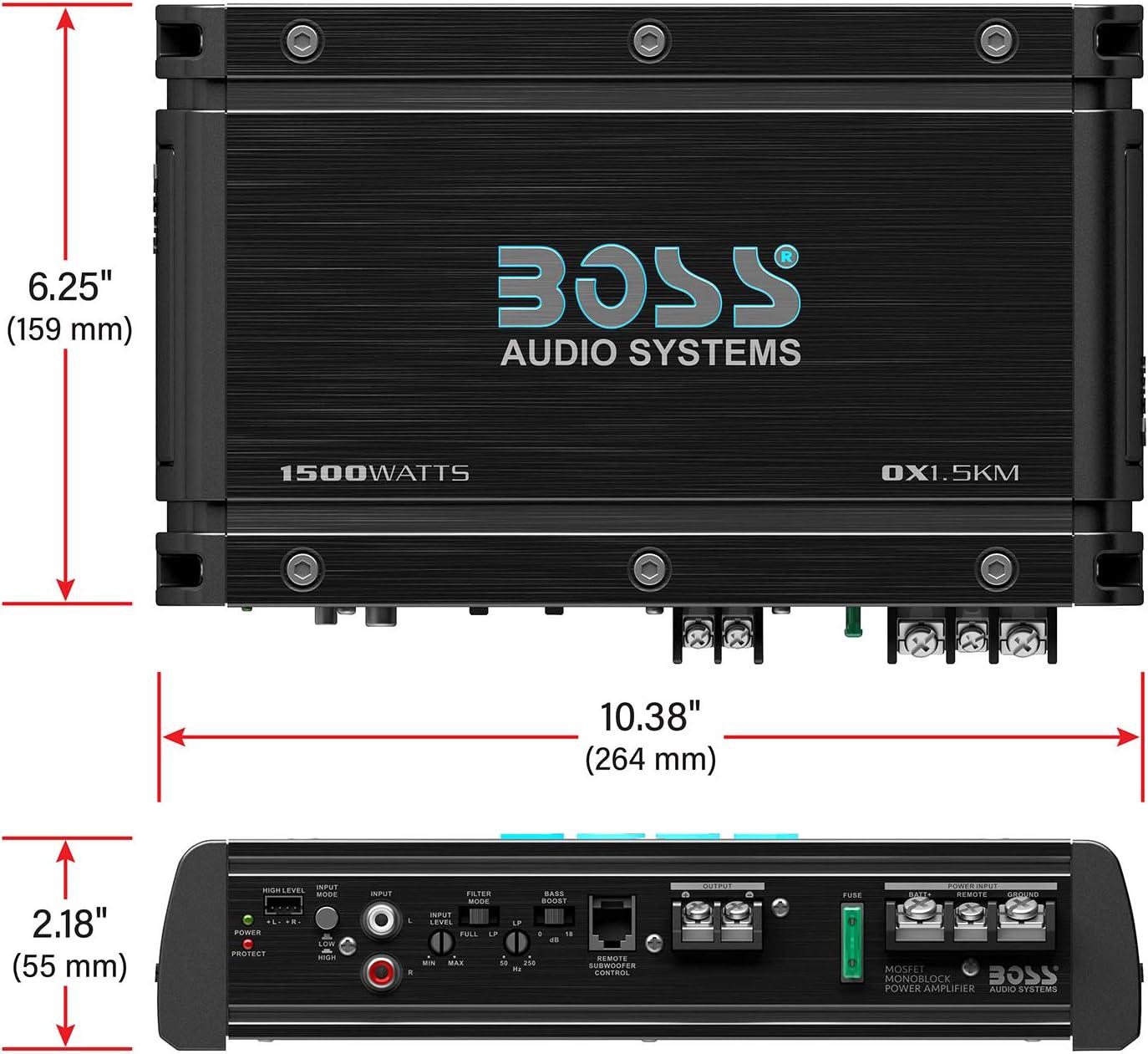 imageBOSS Audio Systems OX15KM Onyx Series Car Audio Subwoofer Amplifier  1500 High Output Class AB 24 Ohm LowHigh Level Inputs Low Pass Crossover MOSFET Power Monoblock Full Range1500W Monoblock