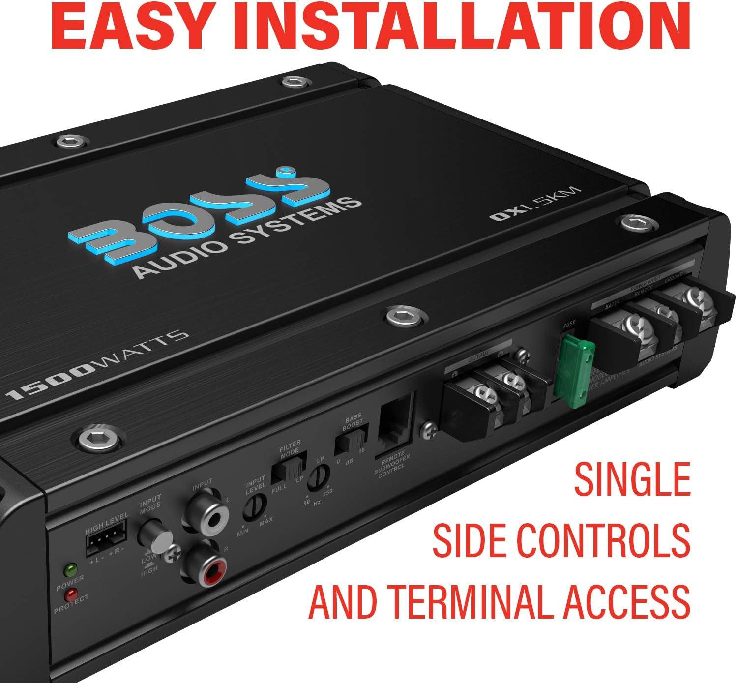 imageBOSS Audio Systems OX15KM Onyx Series Car Audio Subwoofer Amplifier  1500 High Output Class AB 24 Ohm LowHigh Level Inputs Low Pass Crossover MOSFET Power Monoblock Full Range1500W Monoblock